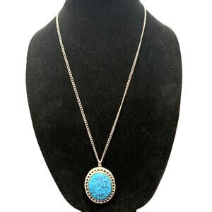 Oval Faux Turquoise Pendant Necklace 34" Long